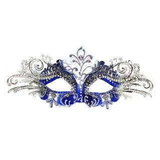 Venetian Blue Mask w/ Silver Metal Laser cut and Crystals on Eyes