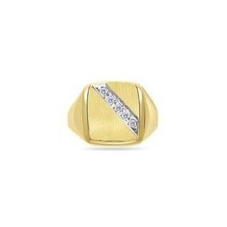   Diamond Five Stone Mens Satin & Grooved Signet Ring in 14K Yellow Gold