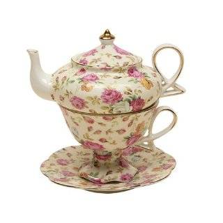 Gracie China 4 Piece Porcelain Tea for One, Stacked Teapot Cup Saucer 