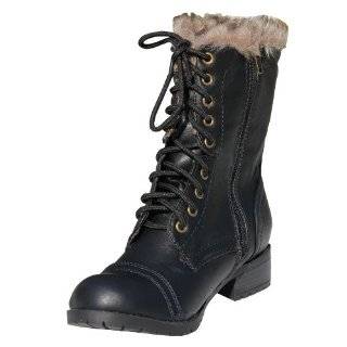  Military Combat Lace Up Faux Fur Cuffed Boot Dark Brown 