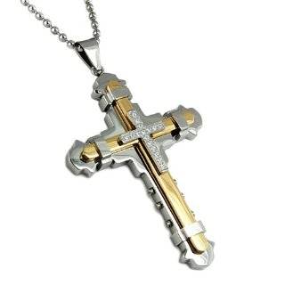 Gold Plated Stainless Steel Mens Cross CZ Pendant with 24 Inch Chain