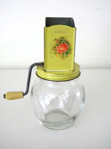 Vintage Anchor Hocking Glass and Yellow Tin Nut Grinder