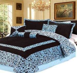 7pc New Luxury Blue Faux Fur Zebra Animal Print King Comforter Set
