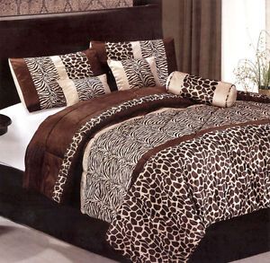Comforter Set 7 Pcs Exotic Safari Leopard Zebra Print Micro Fur Queen Brown