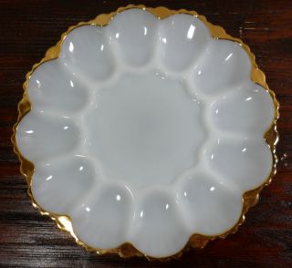 Vintage Anchor Hocking Fire King Milk Glass Gold Deviled Egg Plates Platters 10"