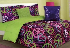 Twin Teen Girls Pink Purple Black Lime Groovy Zebra Animal Print Comforter Set