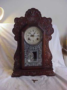 RARE Antique Ansonia Kitchen Parlor Calendar Clock Mantle Wood Key Pendulum