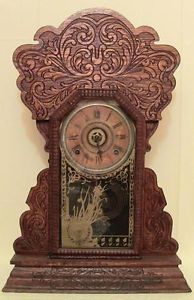 Antique Sessions Carved Oak Wood Kitchen Parlor Clock 8 Day Alarm w Key Pendulum