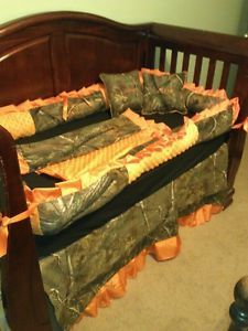 8 Piece Custom Embroidered Baby Crib Bedding Set Orange and Camo