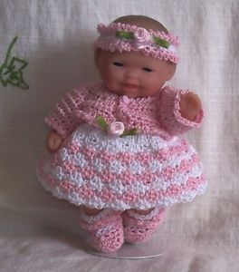 Crochet 5" Berenguer Itty Bitty Baby Doll Clothes White Pink Jacket 6 PC Outfit