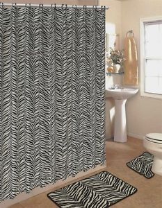 19pc Zebra Bathroom Accessory Set w Shower Curtain Bath Rug Ceramic Vanity