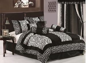 11pc Black White Zebra Giraffe Bed in A Bag Comforter Set Window Curtain Twin
