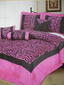 7pc Queen Size Zebra Pink and Black Comforter Set Spread Bed in A Bag New