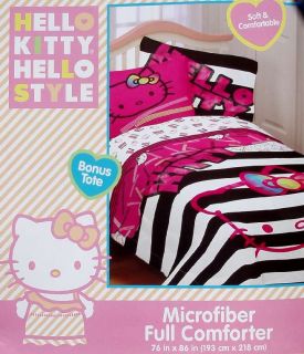 Hello Kitty Neon Pink Black White Full Size Comforter Sheets 5pc Bedding Set New