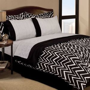Retro Zigzag Dorm Teen 6pc Black White Twin Comforter Sheets Bedding Set