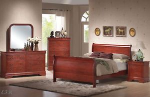 New 4pc Louis Philippe Cherry Finish Wood Queen King Sleigh Bedroom Set