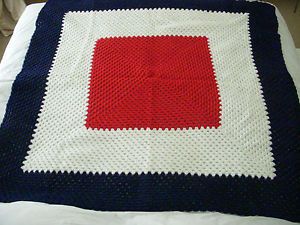 Afghan Blanket Throw Hand Knitted Red White Blue Patriotic New Never Used
