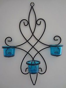 Metal Wall Art 4 Piece Sconce Set 3 Blue Teal Tea Light Glass Candle Holders UK