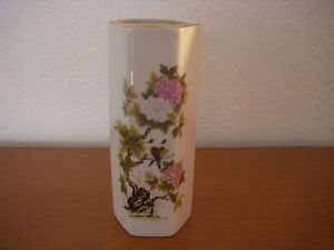 Japanese Vase Satsuki Bud Vase Ceramic Birds Trees Pink White Flowers Gold Trim