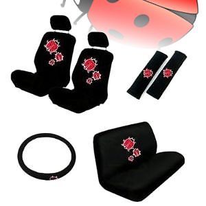 Red Ladybug 11pc Car Seat Steering Wheel Covers Bench Interior Set Universal Fit