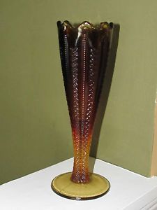 Brown Amber Art Glass Flower Bud Vase Textured Design Scalloped Rim 8" Tall