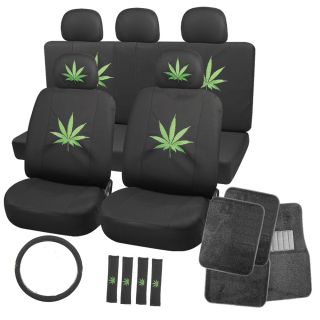 21pc Green 420 Weed Marijuana Leaf Bucket Low Back Front Car Seat Cover Mats