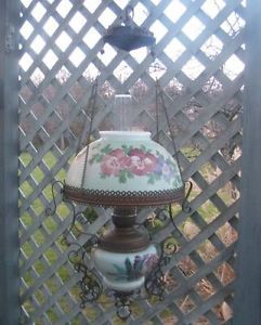 Antique Victorian 1880 Hanging Hand Painted Flowers Glass Brass Oil Lamp Light