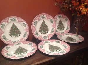 Johnson Bros Old Britain Castles Christmas Tree Dinner Plates Set of 6 Great