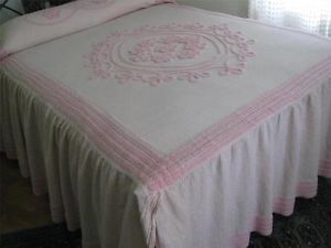 Vintage Chenille Bedspread Pink Cream Barkcloth Chenille Bedspread Excellent
