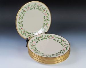 8 Lenox Holiday Holly Berries China Dinner Plates
