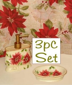 Poinsettia Gold Glitter 3pc Christmas Set Fabric Shower Curtain Pump Soap Dish