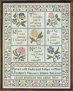 Vintage "Wisdom's Flowers" Stamped Cross Stitch Linen Sampler Kit