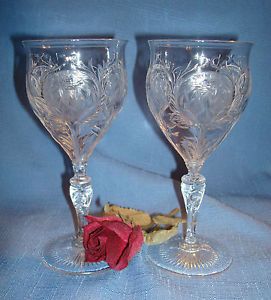 Stevens Williams Engraved Crystal Wine Glass Pair