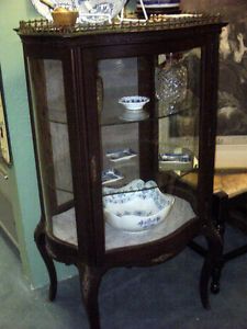 Elegant Antique French Curved Glass Curio Cabinet Petite European High Quality