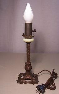 Vtg Vaseline Slag Glass Candlestick Cast Iron Brass Desk Lamp Night Light 666