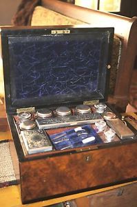 Vintage English Burl Walnut Dresser Box Fitted Compartments Accessories Lap Desk