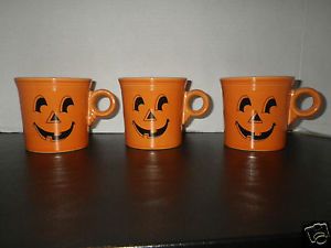 Three Fiesta Ware Fiestaware Halloween Mugs Orange Pumpkin Face Jack O Lantern
