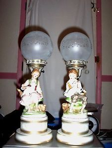 Gorgeous Antique Porcelain Victorian Figurines Table Lamps