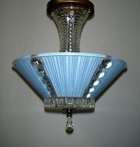 Vintage Art Deco Retro Semi Flush Mount Blue Shade Ceiling Lamp Light Fixture