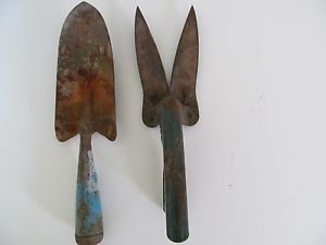 Vintage Metal Garden Tools Clipper Shovel Rusty Primitive Decor Blue Handle
