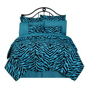 Bed in A Bag Blue Black Zebra Print Comforter Sheets Pillows Drapes More