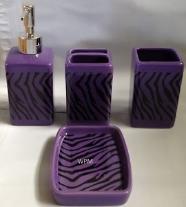 Ceramic Bath Accessory Set 4P Black Purple Zebra Animal Print Bathroom Newdesin