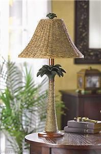 Woven Wicker Grass Rattan Palm Tree Tropical Bedside End Table Lamp Rope Shade