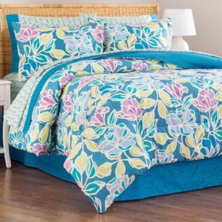 Cheerful Pink Blue Lime Green Orchid Floral 8PC Queen Comforter Set Bed in A Bag
