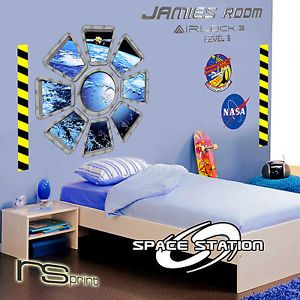 Kids Bedroom Personalised Space Station Window Headboard Wall Sticker V LRG