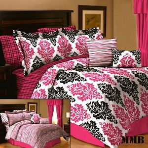 10pc Queen Full Twin Girl Dorm Pink Black and White Damask Comforter Bedding Set