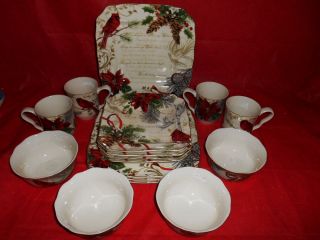 16 PC 222 Fifth Square Dinnerware Plates Bowls Holiday Wishes Cardinal Christmas