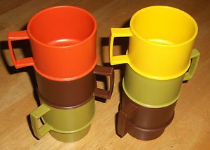 6 Vintage Harvest Tupperware Stackable Coffee Tea Cups Green Orange Yellow Brown