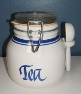 Blue White Tea Canister Ceramic w Spoon Kitchen Storage Sealing Locking Italy