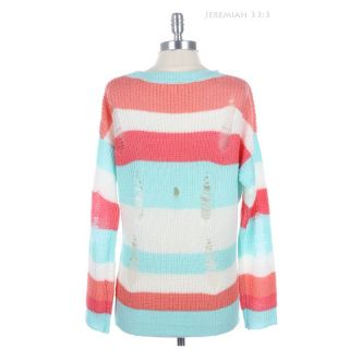 Colorful Striped Vintage Cut Out Knit Crew Neck Sweater Long Sleeve Casual Cute